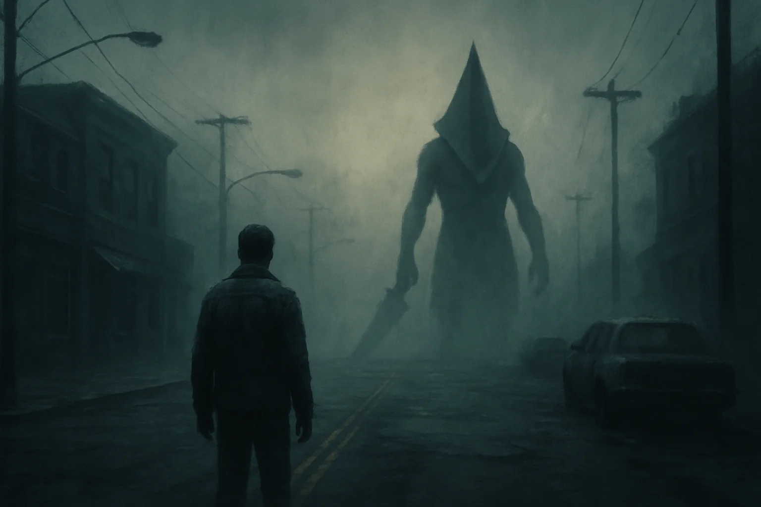 Атмосферный кадр из фильма Silent Hill с туманной улицей и силуэтом монстра на заднем плане, мрачные тона.