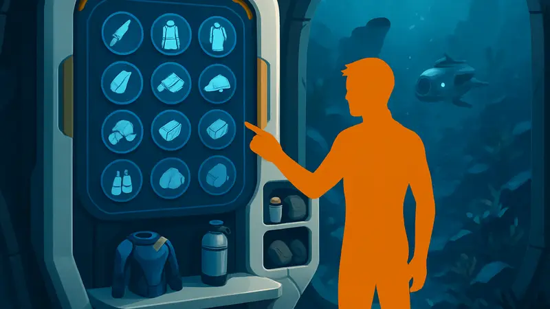 Интерфейс крафта в Subnautica 2, чертежи, ресурсы, подводное снаряжение