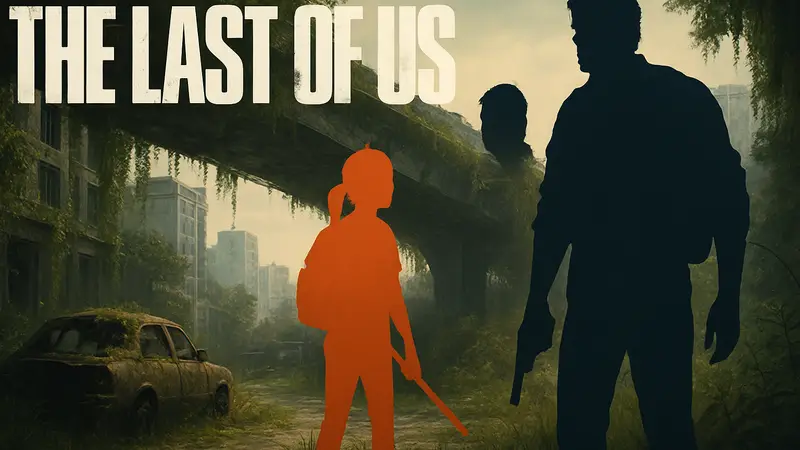 Логотип The Last of Us, концепт-арт с персонажами Элли и Джоэлом.