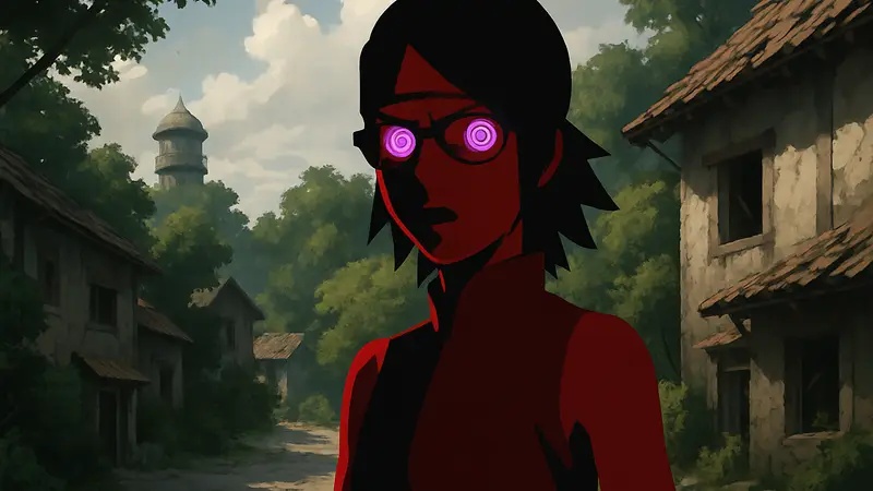 Сарада Учиха из аниме "Boruto" с глазами, похожими на Риннеган, или в момент пробуждения силы.