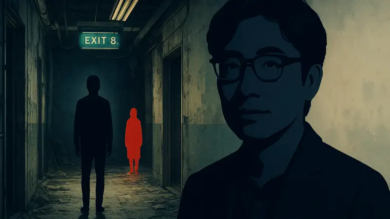 Генки Кавамура, режиссер фильма "Exit 8", на фоне кадра из удаленной сцены, которая была слишком страшной для Канн.