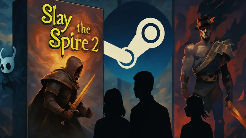 Обложка игры Slay the Spire 2 на фоне логотипа Steam и других игр