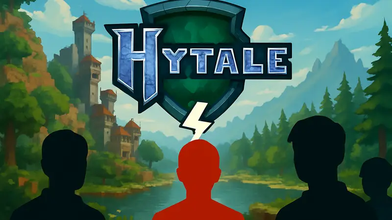 Логотип Hytale на фоне кубического мира, символ скандала с никами