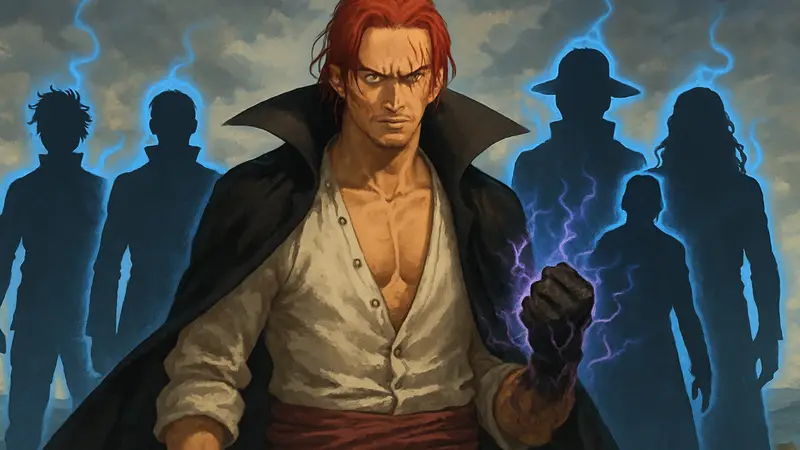 Шанкс из One Piece, использующий Хаки, в окружении других силуэтов персонажей с аурой Хаки
