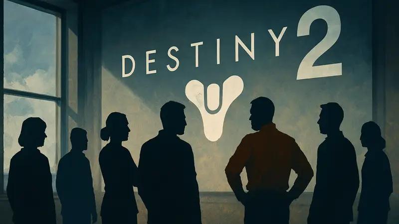 Сотрудники Bungie на фоне логотипа Destiny 2, символ перемен в игровой студии