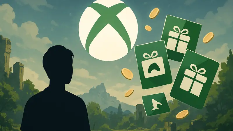 Логотип Xbox и подарочные карты, намекающие на бесплатные игры.