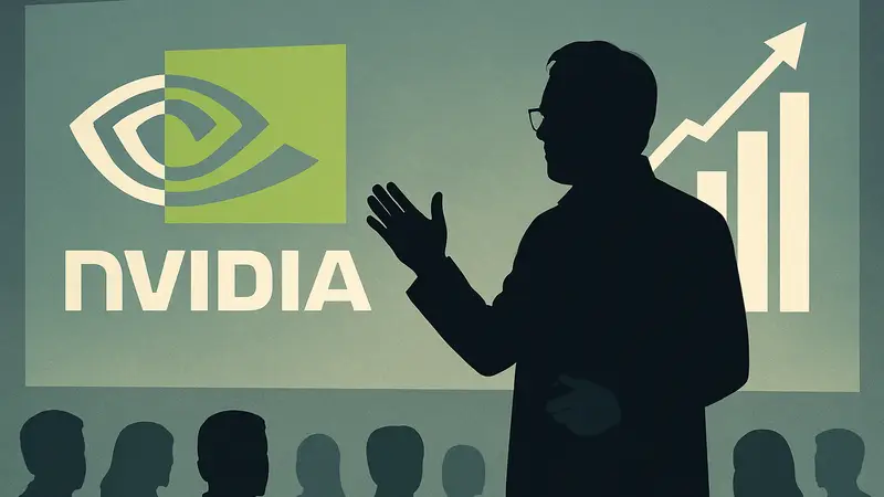 Дженсен Хуанг, глава NVIDIA, на презентации, на фоне логотипа NVIDIA и графиков роста финансового отчета