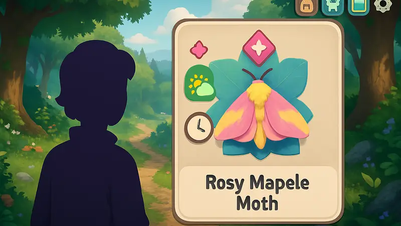 Скриншот из игры Heartopia с изображением редкого насекомого и элементами интерфейса