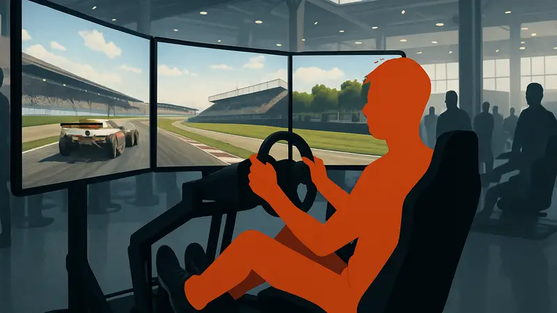 Участник SimRacing Expo за рулем гоночного симулятора с рулем и педалями