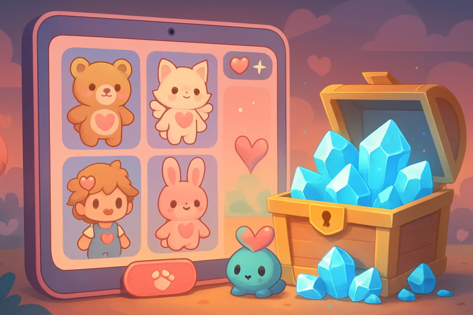 Изображение кристаллов или интерфейса игры Heartopia с элементами гача-механики и милыми персонажами.