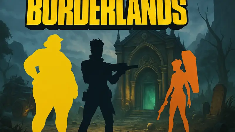 Логотип DLC "Безумная Элли и Склеп Проклятых" для Borderlands 4 с изображением персонажей и нового контента.