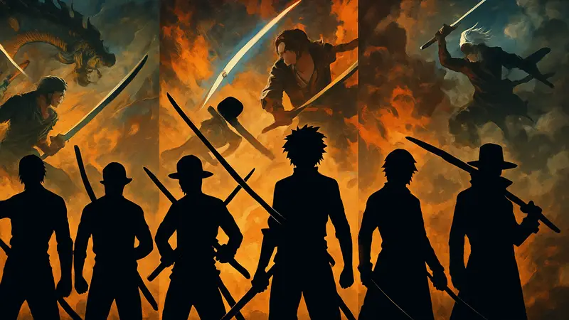 Различные персонажи шонен аниме с мечами на фоне ярких сцен сражений.