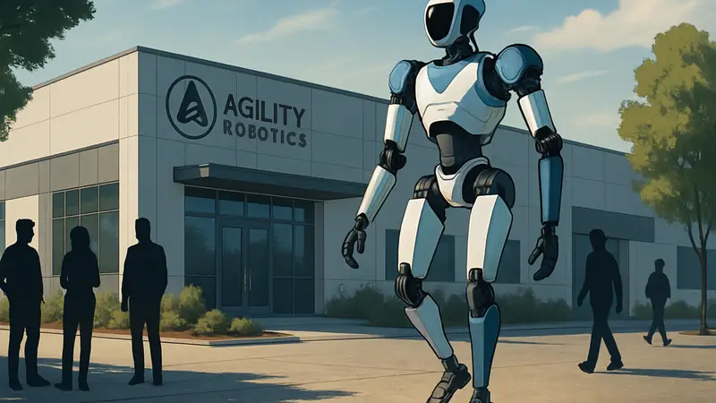 Робот Digit от Agility Robotics на фоне нового обучающего центра во Фримонте, штат Калифорния, символизирующий развитие робототехники.