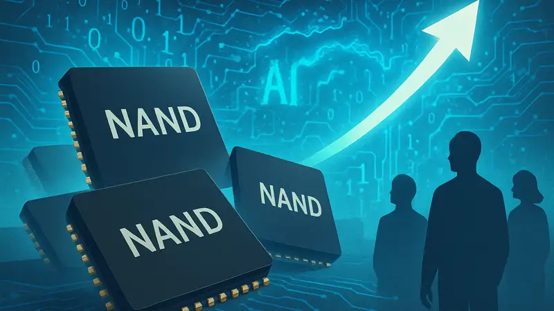Микросхемы NAND памяти с абстрактным фоном, символизирующим рост рынка ИИ и технологий.