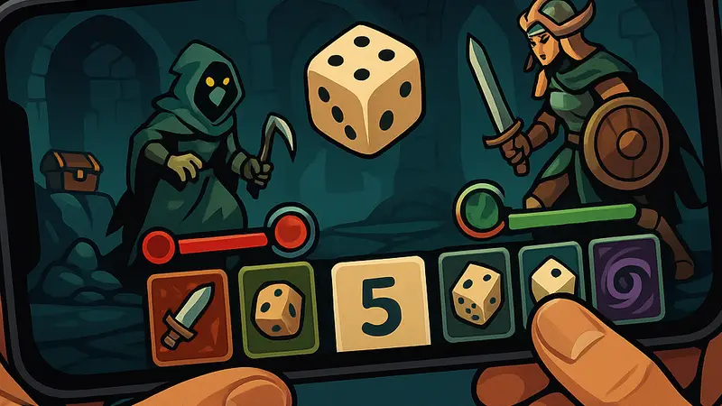 Игровой процесс Dice of Kalma, показывающий карточный бой и элементы рогалика на мобильном устройстве.