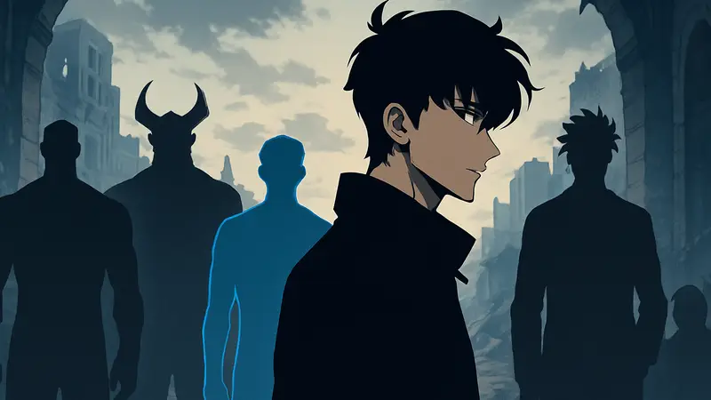 Изображение персонажей из аниме Solo Leveling, включая главного героя Сон Джинву