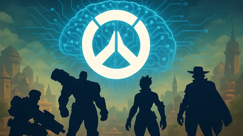 Логотип Overwatch на фоне персонажей, на заднем плане абстракция AI