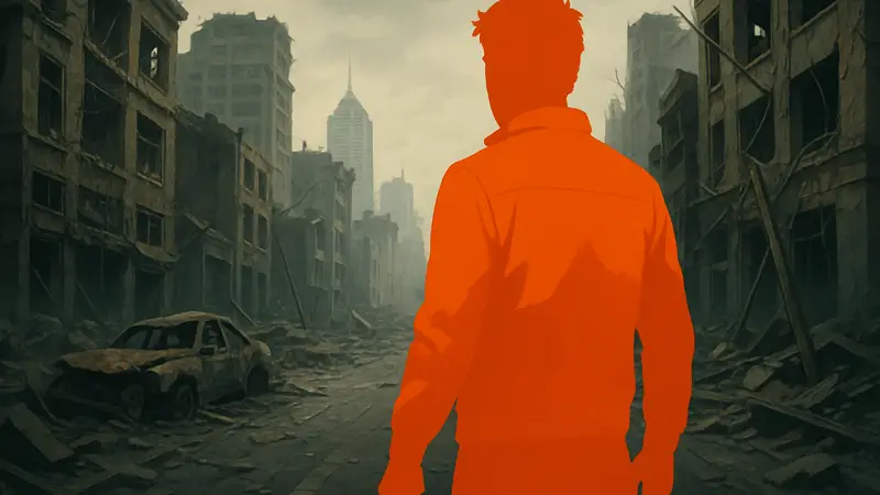 Главный герой игры Samson на фоне разрушенного города.