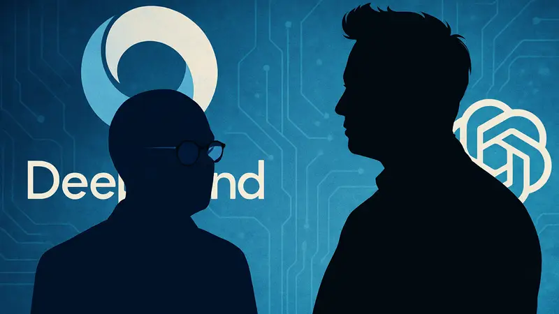 Демис Хассабис из Google DeepMind и Илон Маск на фоне логотипов ИИ компаний