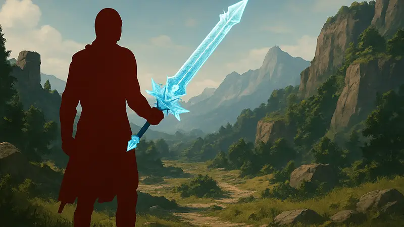 Игрок держит меч Frozen Anguish в мире Crimson Desert.