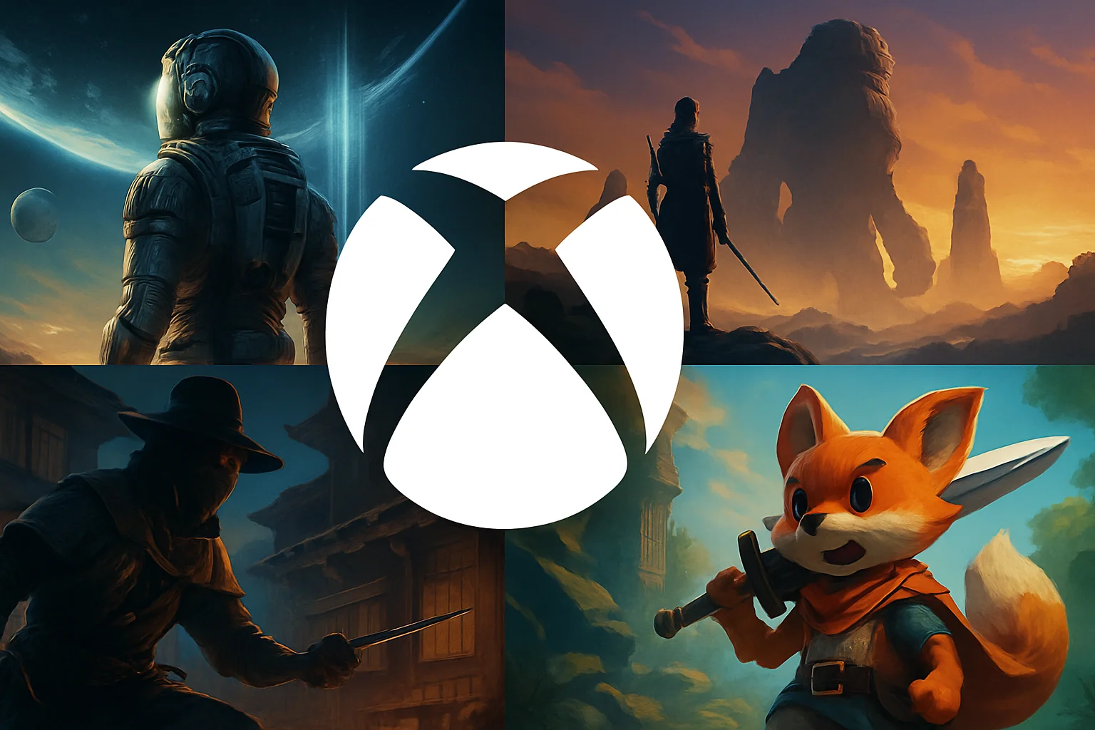 Логотип Xbox Game Pass на фоне коллажа из обложек новых игр, доступных с первого дня