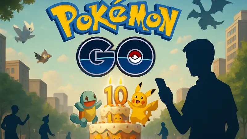 Логотип Pokemon GO с праздничным тортом и покемонами в стиле 10-летнего юбилея.
