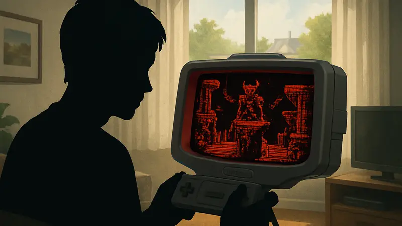 Красный экран консоли Nintendo Virtual Boy с пиксельной графикой в игре.