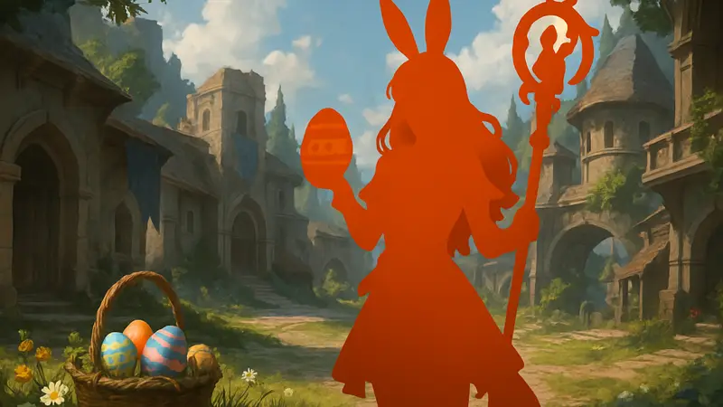Изображение героини из игры Watcher of Realms в пасхальной тематике или с новыми предметами.