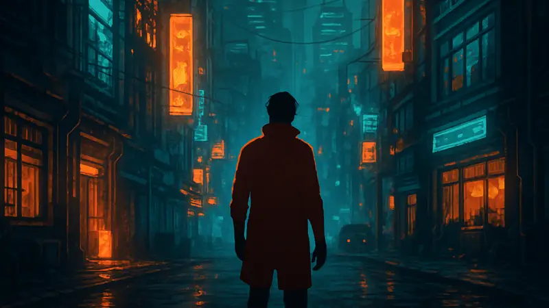 Главный герой игры Replaced в неоновом киберпанк-городе, скриншот из игры