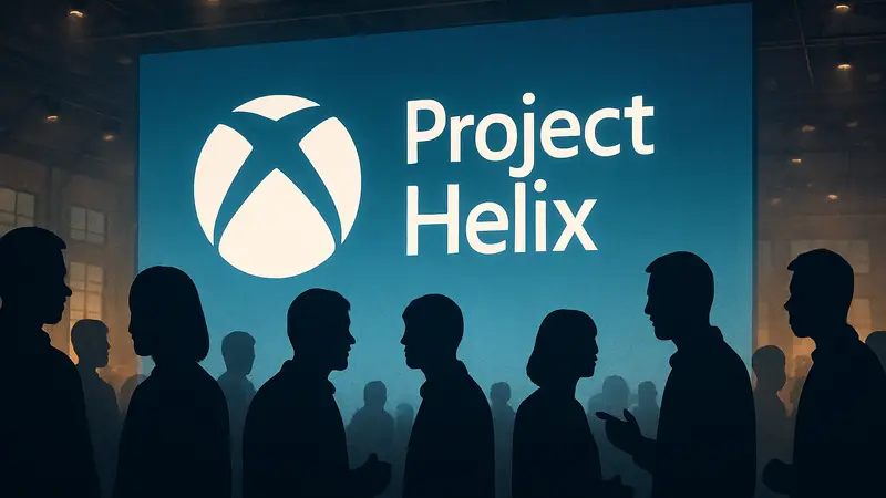 Логотип Xbox и надпись "Project Helix" на фоне силуэтов участников GDC, символизирующие обсуждение будущей консоли.