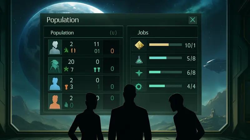 Скриншот из игры Stellaris, показывающий экран управления населением и рабочих мест, символизирующий новое обновление. Стратегические игры.