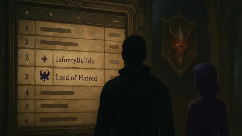 Скриншот таблицы лидеров Diablo 4 с именами игроков InfinityBuilds и значок Lord of Hatred