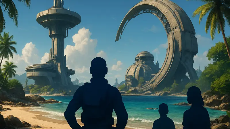 Скриншот новой пляжной карты из ARC Raiders с футуристическими постройками и природным ландшафтом