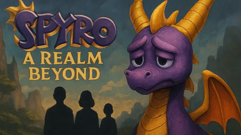 Дракон Спайро с грустным выражением на фоне логотипа Spyro: A Realm Beyond, символизирующий разочарование фанатов.