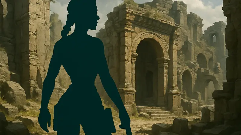 Лара Крофт из оригинальной игры Tomb Raider 1996 года на фоне древних руин