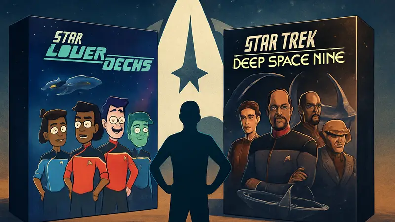 Обложки настольных игр Star Trek Lower Decks и Deep Space Nine на фоне символики Star Trek