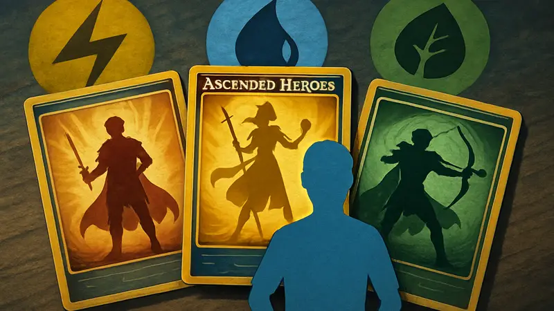 Игровые карты из нового набора Pokemon TCG «Ascended Heroes» на фоне символики покемонов.