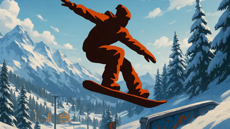 Игровой персонаж из Hyperyuki: Snowboard Syndicate выполняет трюк на сноуборде в воздухе.