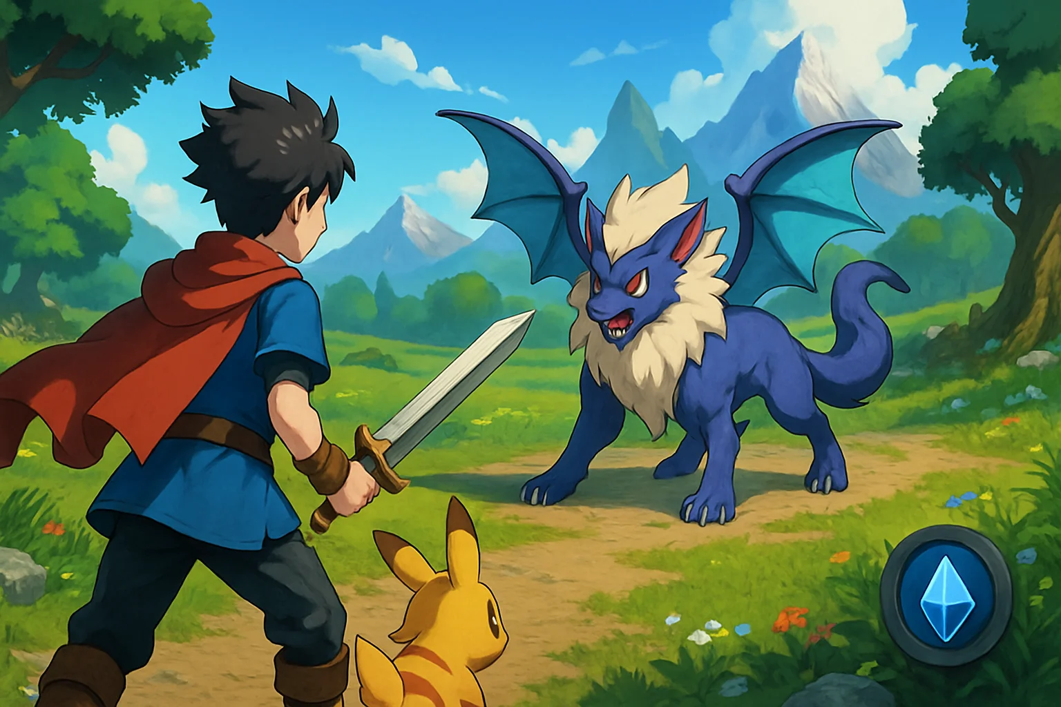 Обложка или скриншот RPG-игры на Steam с элементами из Pokémon и Final Fantasy.
