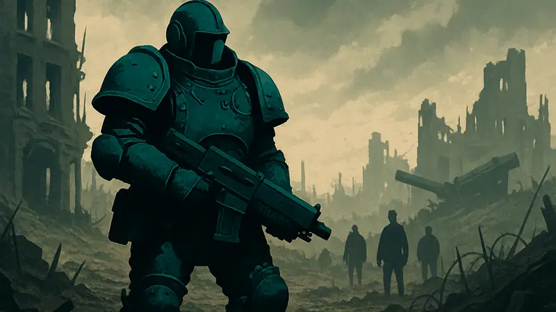 Косплеер в броне тяжёлого механизированного пехотинца из вселенной Trench Crusade.