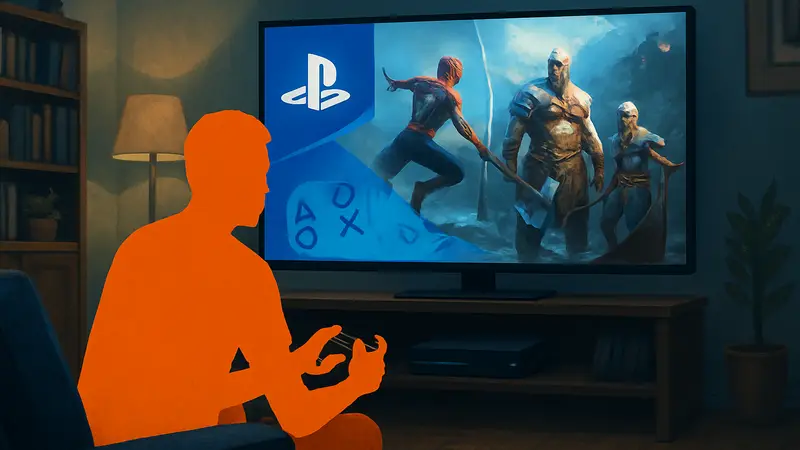 Игрок с контроллером сидит на диване перед экраном, играя в видеоигры на выходных.
