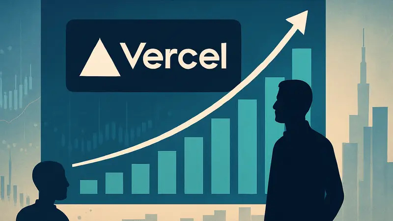 Логотип Vercel на фоне диаграммы роста доходов, символизирующий успех благодаря ИИ и планы IPO.
