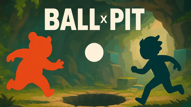 Логотип инди-игры Ball x Pit на фоне, изображающем игровой процесс или стилизованных персонажей.