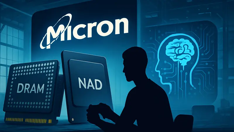 Логотип Micron Technology, чипы памяти DRAM и NAND, символизирующие ИИ и технологический прогресс в играх.
