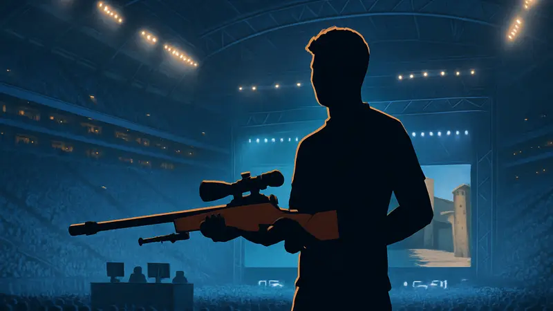 Киберспортсмен woxic на сцене турнира CS2 в LANXESS Arena, держит AWP.