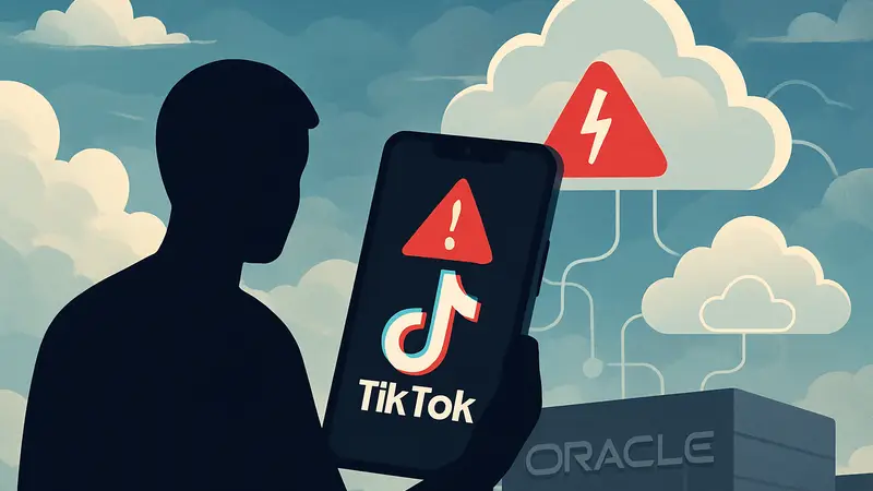 Логотип TikTok на экране смартфона, символ сбоя, облачные технологии Oracle.