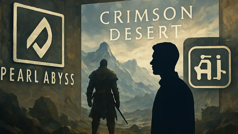 Логотип Pearl Abyss и Crimson Desert, рядом с иконкой ИИ