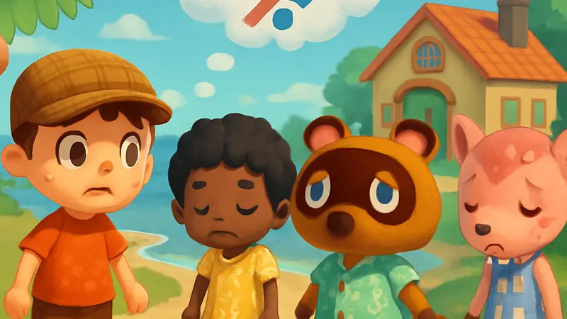 Игровой процесс Animal Crossing: New Horizons, демонстрирующий многопользовательский режим с возможными проблемами соединения.
