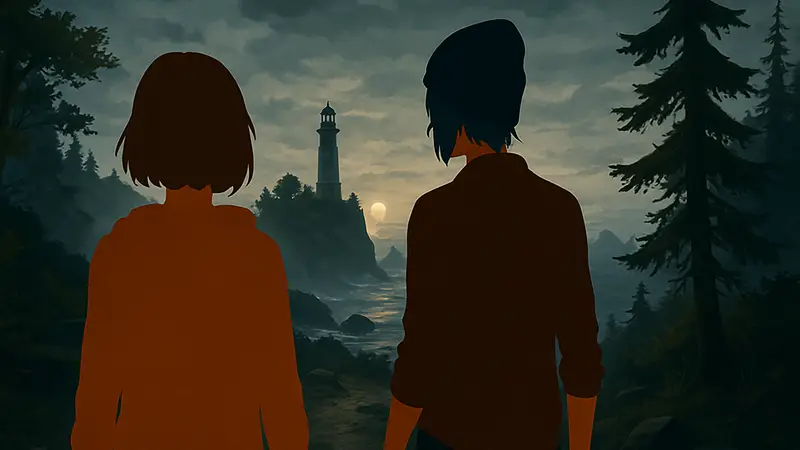 Макс Колфилд и Хлоя Прайс из Life is Strange: Reunion, стоящие вместе на фоне загадочного пейзажа.