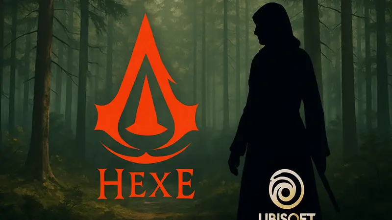 Логотип Assassin's Creed Hexe с силуэтом на фоне леса и название Ubisoft